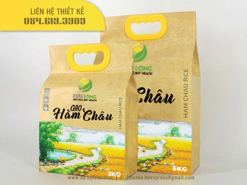 Hình minh họa thiết kế bao bì gạo Việt định vị thương hiệu với hình ảnh vùng trồng gạo