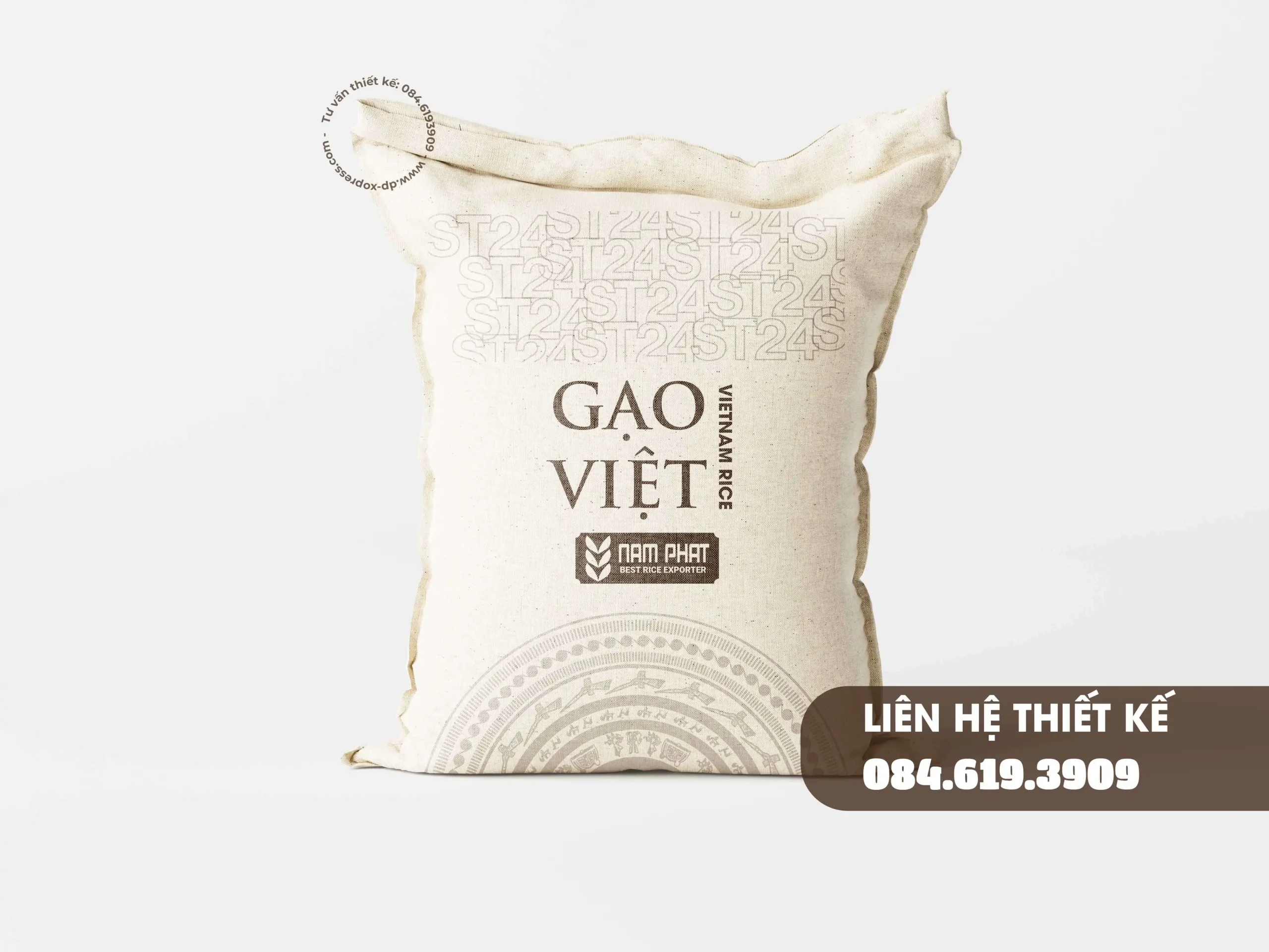 Hình minh hoạ bao bì gạo Việt ST24 chất liệu bố